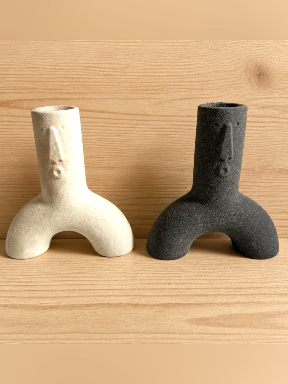 Vtg Anthropomorphic Pottery Face Vases Pair Gray Cream Danish Modern Minimalist